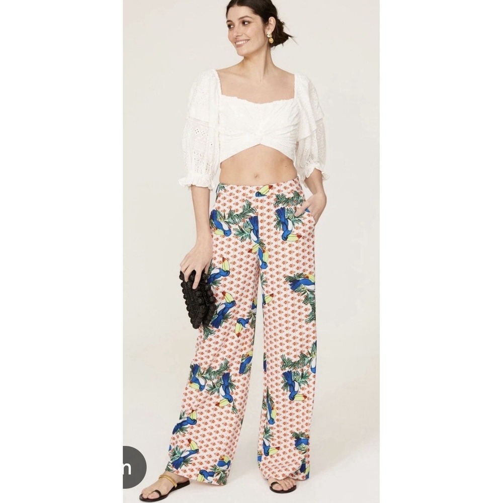 Badgley Mischka Toucan Wide Leg Pants Women's 0 Tropical Bird Resort Palazzo